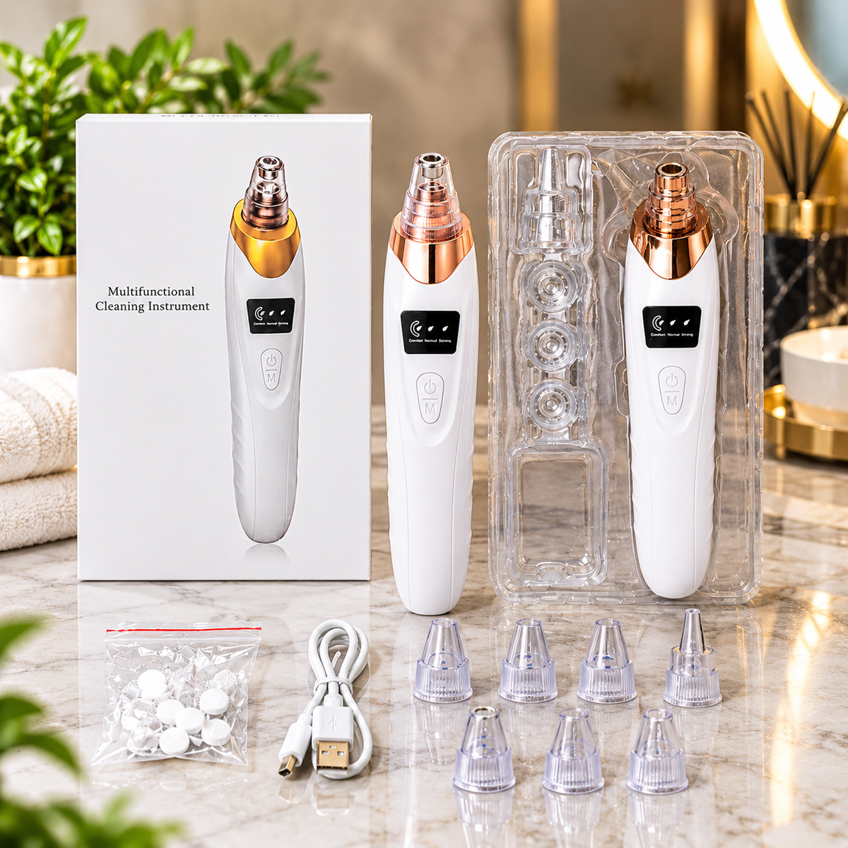 A white multifunctional facial cleansing and beauty device shown with its retail box, clear plastic packaging, multiple interchangeable nozzle tips, a USB charging cable, and small accessory bags on a marble countertop with decorative plants and bathroom props in the background.