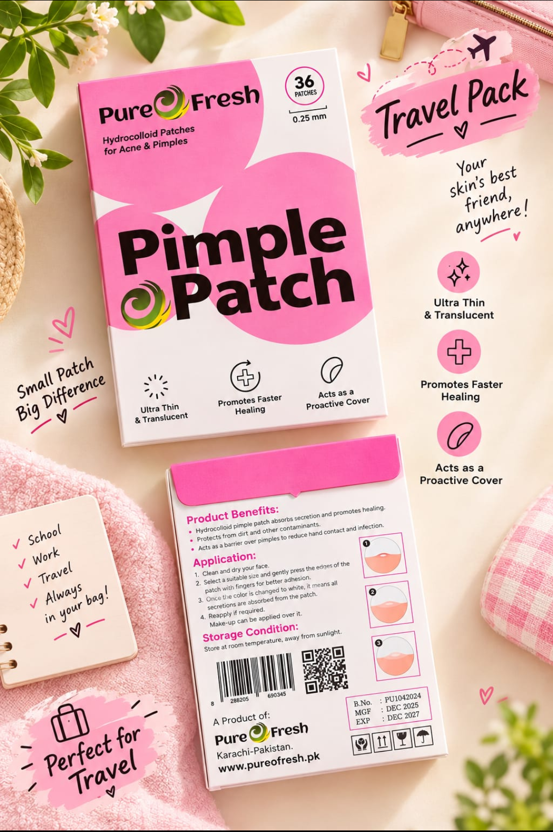 Pure Fresh Pimple Patch – 2 Pack | 72 Hydrocolloid Acne Patches for Clearer-Looking Skin